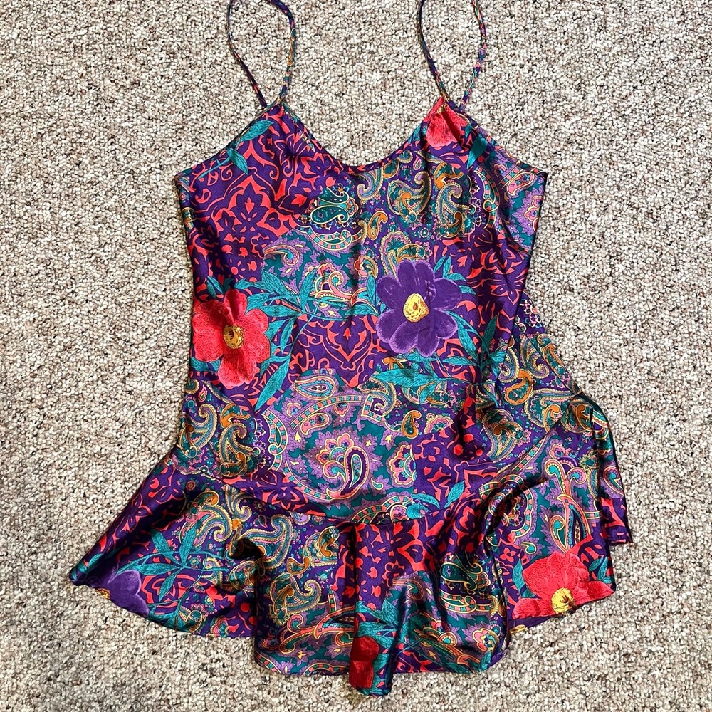 Vintage 80s/90s Colorful Silky Floral Spaghetti Strap BabyDoll Blouse